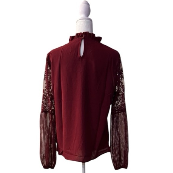 Burgundy Lace Sleeve Blouse Size Small | Sheer Long Sleeve Dressy Top - Picture 4 of 8